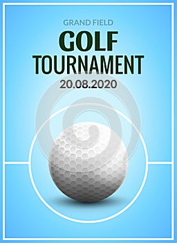 Golf tournament poster template flyer. Golf ball on green grass for competition. Sport club vector design