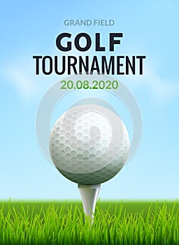 Golf tournament poster template flyer. Golf ball on green grass for competition. Sport club vector design