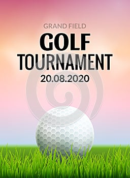 Golf tournament poster template flyer. Golf ball on green grass for competition. Sport club vector design