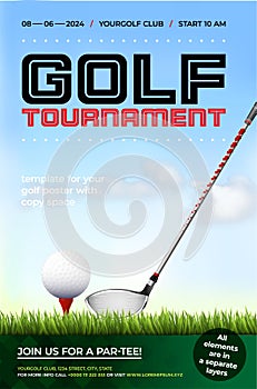 Golf tournament poster template with golf club and ball