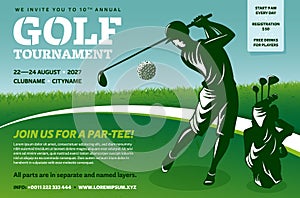 Golf tournament poster template with grass, sky, player silhouette batting ball, bag with clubs and copy space for your text