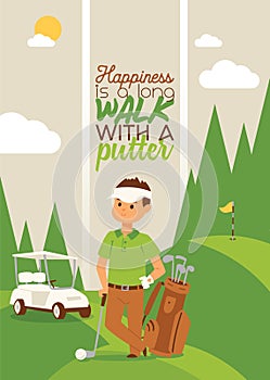 Golf vector golfers man character in sportswear and golfball for playing in golfclub backdrop illustration set of