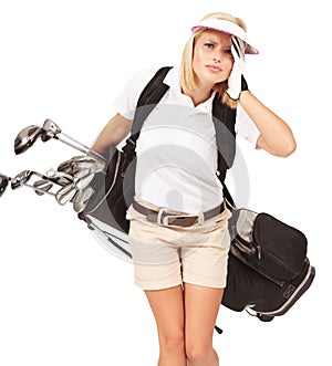 Golf woman, club bag and headache in studio portrait with stress, tired and sports equipment by white background