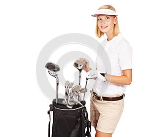 Golf woman, club bag and studio portrait for health, motivation and sports equipment with smile by white background