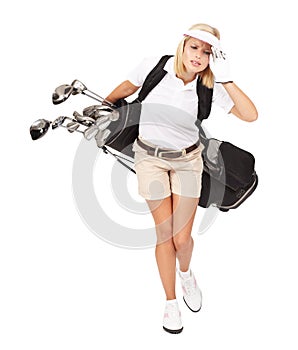 Golf woman, headache and studio with bag, overworked stress, tired and sports by white background. Isolated golfer girl