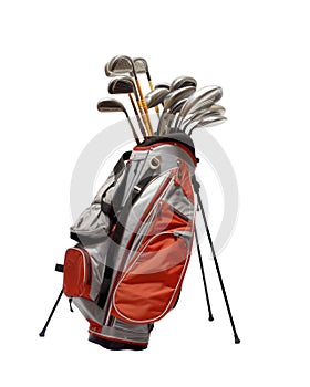 golfbag with oversized golf clubs, white background