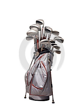 golfbag with oversized golf clubs, white background
