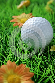 Golfball in close-up on artificial grass