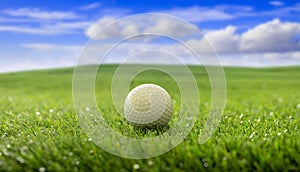 Golfball on green grass golf course, blue cloudy sky background