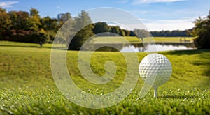 Golfball on green grass golf course, trees and a small pond, blue sky background. 3d illustartion