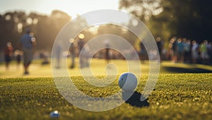 Golfball on the green summertime with a crowd - Generative AI