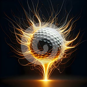 Golfball suspended in dark background with light trails flowing out