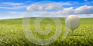 Golfball on tee ready to be shot on green lawn grass, blue sky background. 3d illustartion