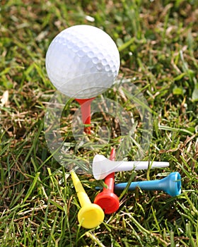 Golfball with tees on grass