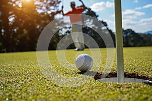 Golfer action to win after long putting golf ball on the green golf, lens flare on sun set evening time