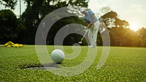 Golfer action to win after long putting golf ball in to the hole