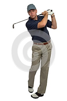 Golfer blue shirt iron shot