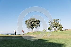 Golfer and Caddie playing golf.