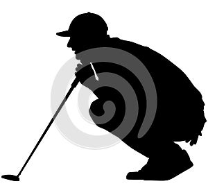 Golfer crouching on the golf course analyzing, planning the golf tee shot, golf swing with a golf club in hand. Golfer in a squat