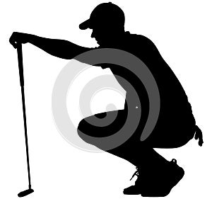 Golfer crouching on the golf course analyzing, planning the golf tee shot, golf swing with a golf club in hand. Golfer in a squat