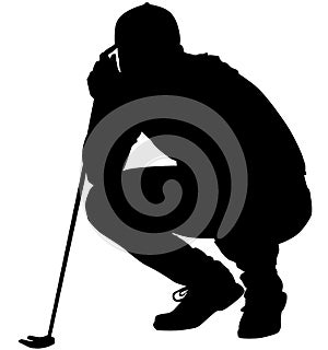 Golfer crouching on the golf course analyzing, planning the golf tee shot, golf swing with a golf club in hand. Golfer in a squat