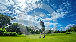 A golfer executing a flawless swing on a pristine course, surrounded by lush greenery and blue skies