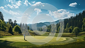 A golfer executing a flawless swing on a pristine course, surrounded by lush greenery and blue skies