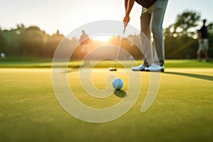 Golfer Focused on Perfecting the Putt at Sunset. Generative AI