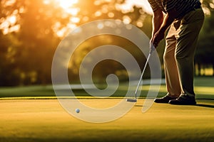 Golfer Focused on Perfecting the Putt at Sunset. Generative AI