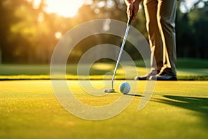 Golfer Focused on Perfecting the Putt at Sunset. Generative AI