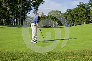 Golfer gets ready to hit onto a green on a sunny afternoon