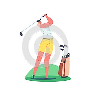 Golfer Girl Training before Competition, Sporty Lifestyle. Female Character Hit Long Shot Practicing on Golf Course