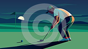 A golfer lining up a putt as the fading sunlight casts long shadows across the green.. Vector illustration.