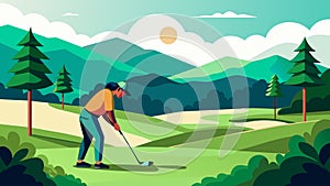 A golfer lining up a putt on a green surrounded by lush trees and a stunning view of the rolling hills in the distance