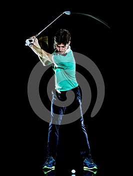 Golfer man golfing golf swing  black background multiple exposure