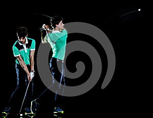 Golfer man golfing golf swing isolated black background multiple exposure