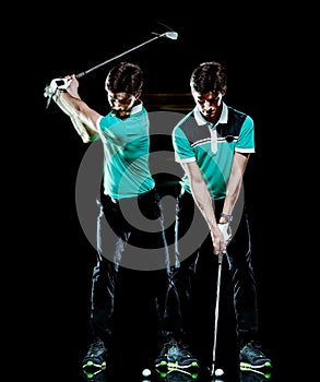 Golfer man golfing golf swing isolated black background multiple exposure