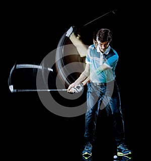 Golfer man golfing golf swing isolated black background multiple exposure