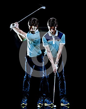 Golfer man golfing golf swing isolated black background multiple exposure