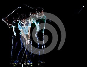 Golfer man golfing golf swing isolated black background multiple exposure