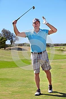 Golfer man, mistake and game for sport, fitness and training for competition on grass pitch. Senior guy, golf course and