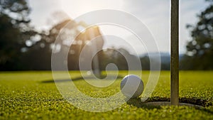 Golfer playing golf in the evening golf course, on sun set evening time