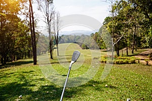 The golfer is pointing with a golf club. Showing a direction and measuring the trajectory. Green grass golf course
