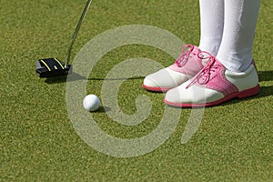 Golfer preparing for a putt on the green during golf course.
