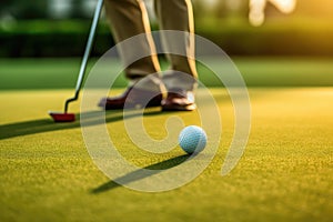 Golfer preparing to swing on a sunny golf course with ball. Generative AI