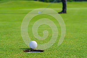 Golfer putt golf ball into hole on the green at golf course