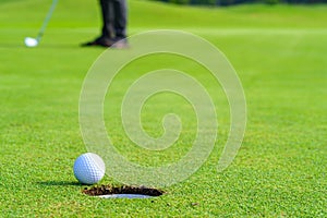 Golfer putt golf ball into hole on the green at golf course