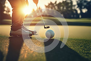 Golfer putting golf ball on the green golf, lens flare on sun set evening time. Generative AI