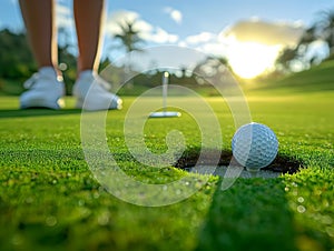 Golfer putting golf ball on the green grass, golf player putting golf ball into hole