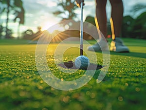 Golfer putting golf ball on the green grass, golf player putting golf ball into hole